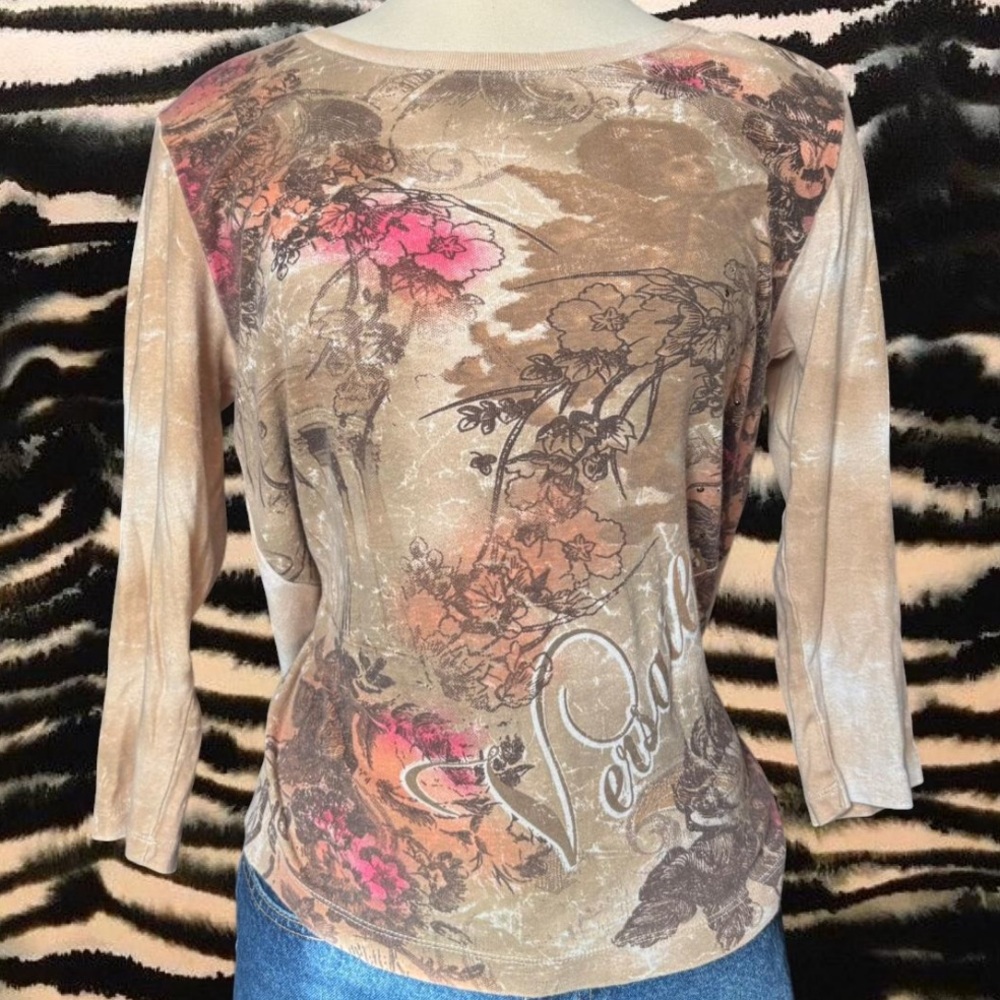Gloria Vanderbilt Beige and Pink Floral Long Sleeve Top